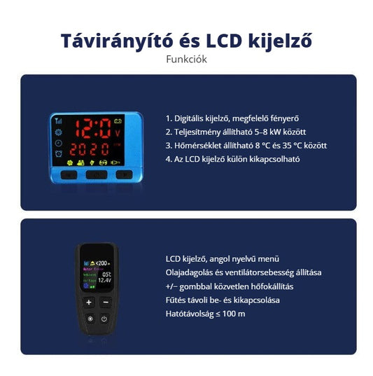 Hcalory LCD vezérlő dízel állófűtéshez – távirányító és kijelző funkciói