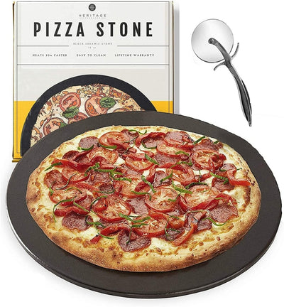 Heritage 38 cm Kerámia Pizza Sütőkő Szett - Tapadásmentes Pizza Stone Vágóval - Ropogós Pizza Sütőbe és Grillhez - BShopy