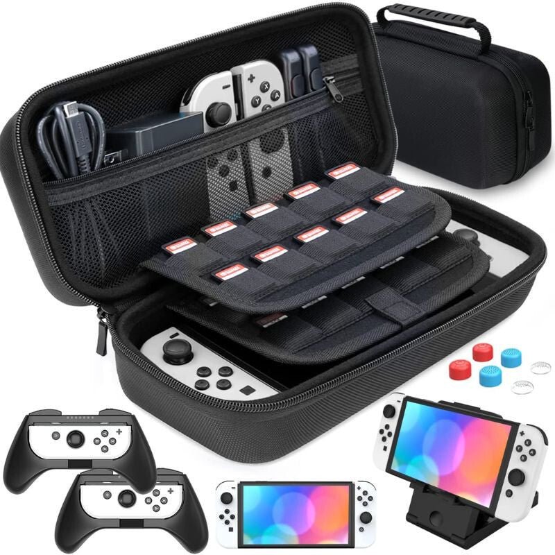 Heystop Nintendo Switch hordozható tok nyitva, játékkártya-tartóval, Joy-Con griphez és állvánnyal