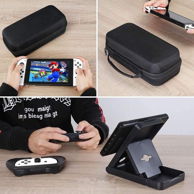 Heystop Switch tok használat közben: konzol a tokban, játék Joy-Con grippel és állvánnyal