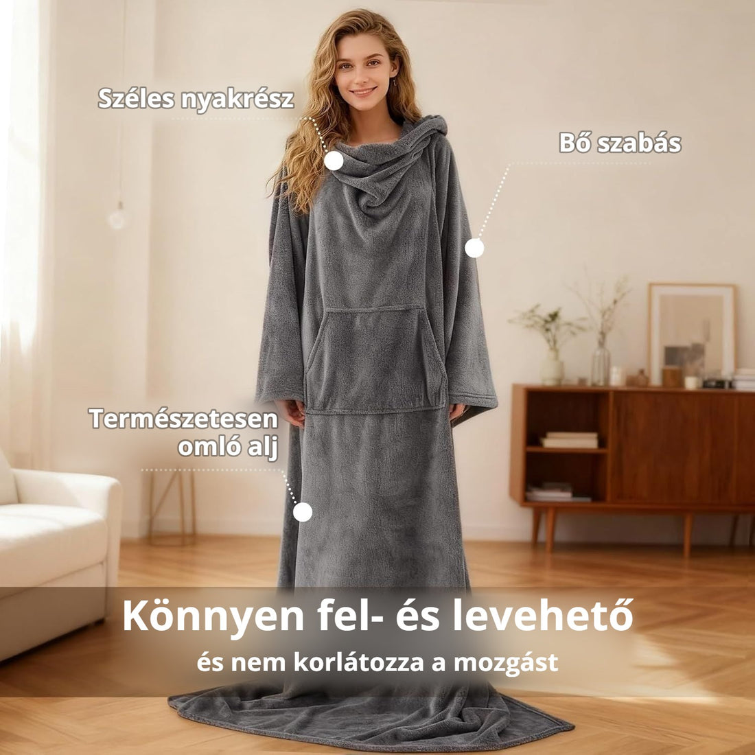Hordható pléd széles nyakrésszel és bő szabással – könnyen fel- és levehető