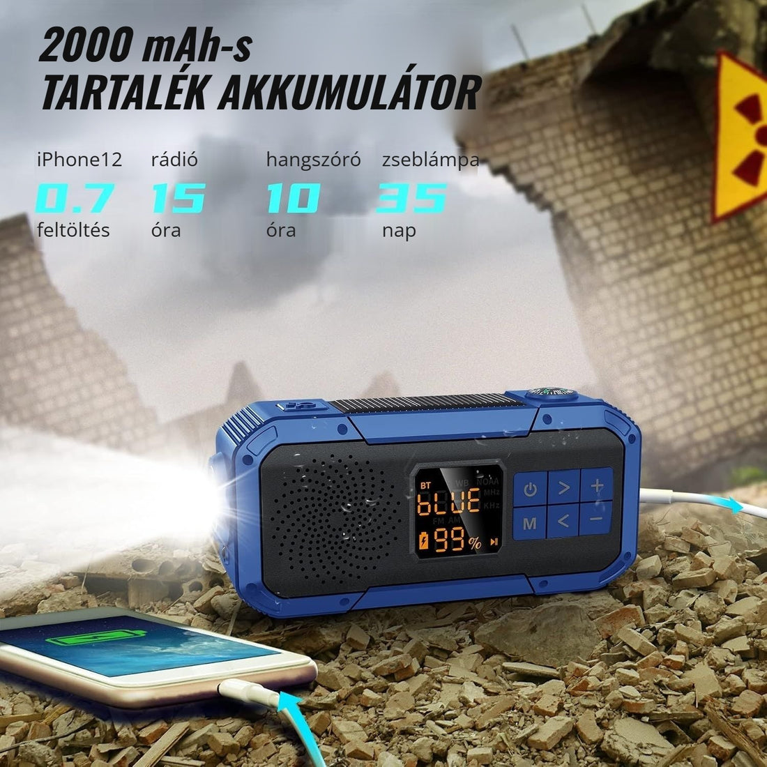 Hordozható vészhelyzeti rádió 2000 mAh-s tartalék akkumulátorral, powerbank funkció
