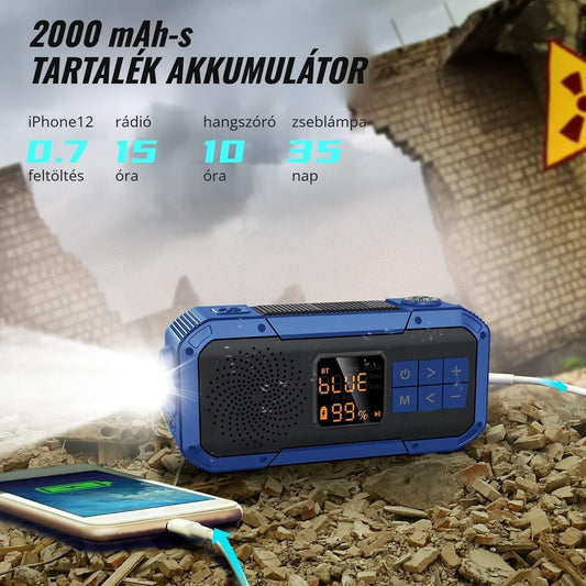 Hordozható vészhelyzeti rádió 2000 mAh-s tartalék akkumulátorral, powerbank funkció