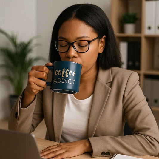 Coffee Addict Kerámia Bögre – 410 ml, Kék Arany Felirattal