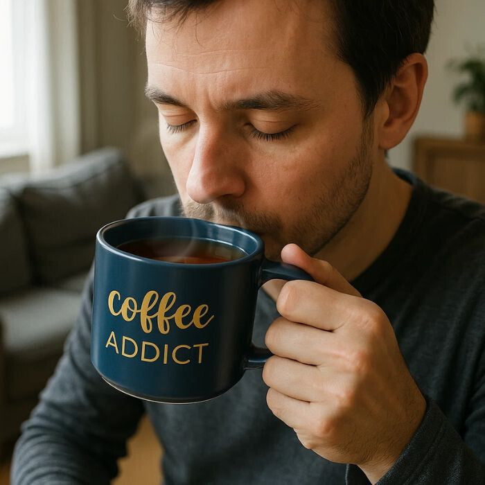 Coffee Addict Kerámia Bögre – 410 ml, Kék Arany Felirattal