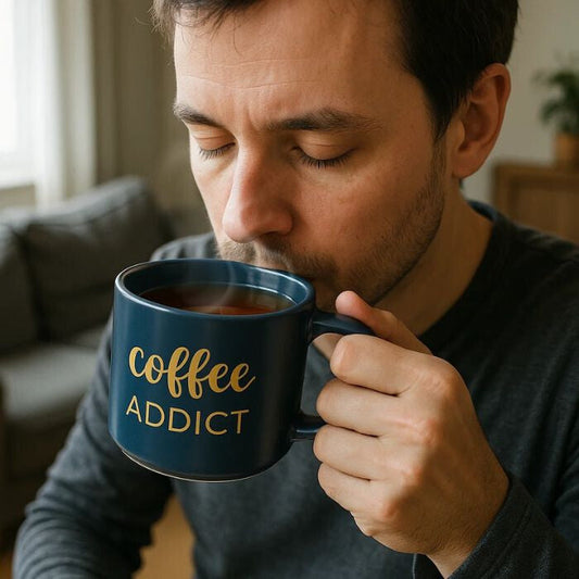 Coffee Addict Kerámia Bögre – 410 ml, Kék Arany Felirattal