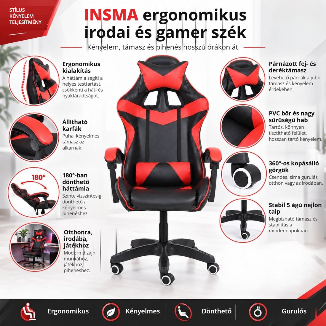 INSMA ergonomikus irodai és gamer szék – jellemzők