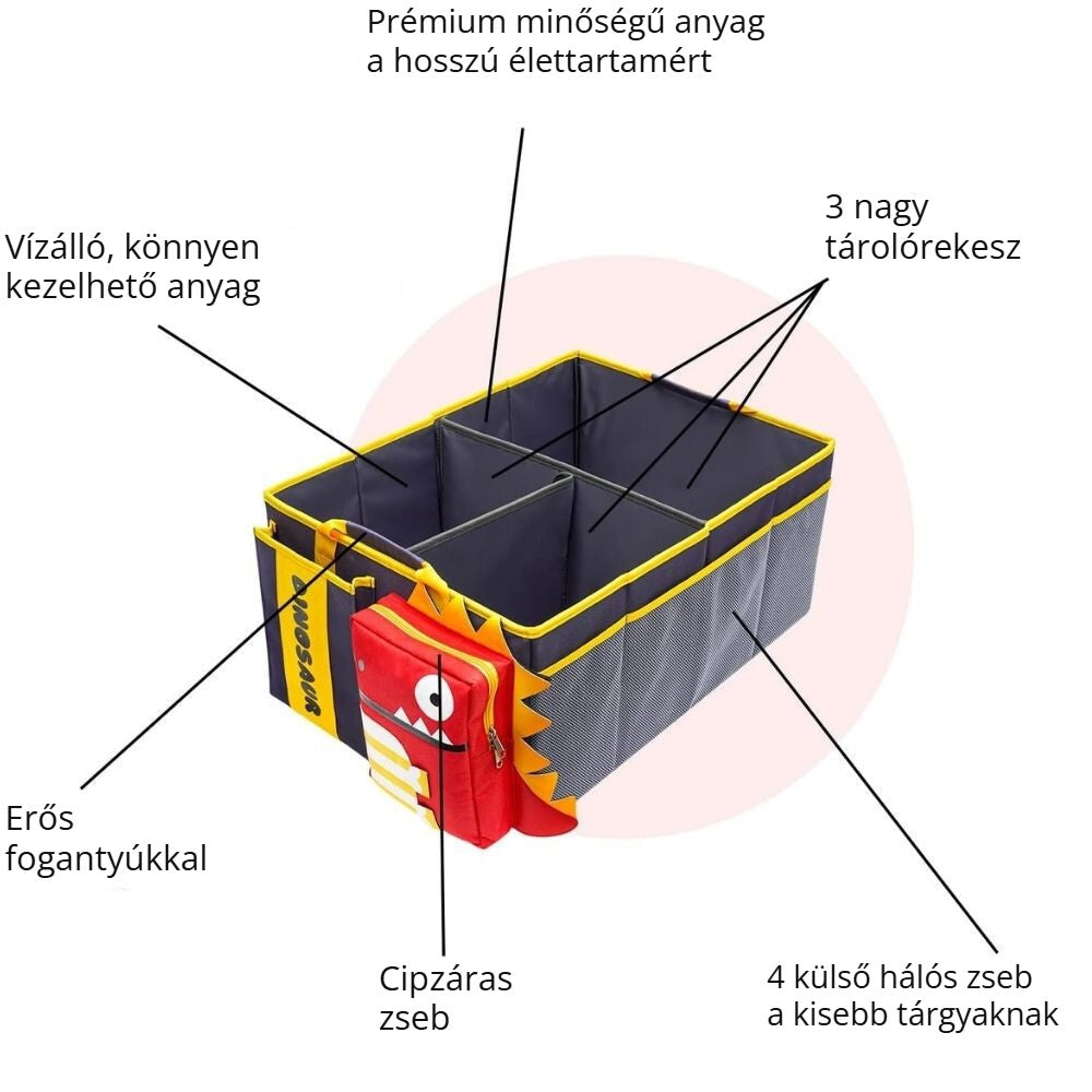 Joonly dinós csomagtartó rendszerező – 3 rekesz, vízálló anyag, cipzáras és hálós zsebek