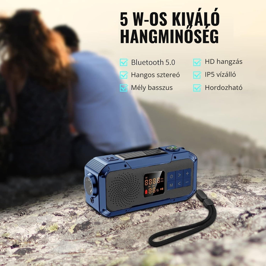 Kayinow napelemes vészrádió – 5 W-os kiváló hangminőség, Bluetooth 5.0