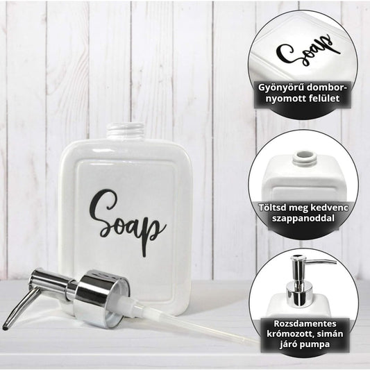 Kerámia szappanadagoló 380 ml – dombornyomott felület, rozsdamentes krómozott pumpa