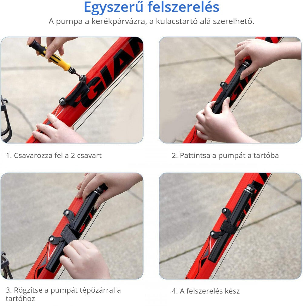 Kézi kerékpárpumpa egyszerű felszerelése a vázra, a kulacstartó alá