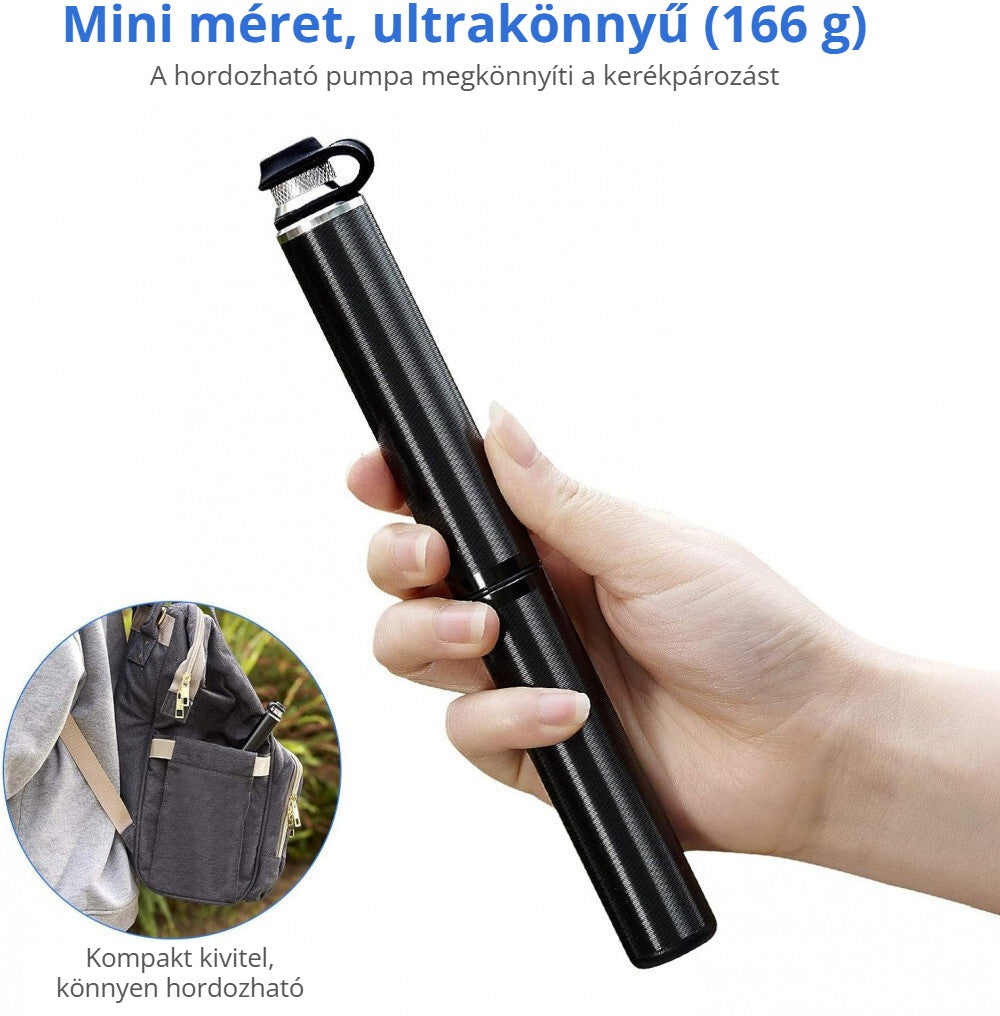 Mini méretű, ultrakönnyű kézi kerékpárpumpa (166 g), könnyen hordozható