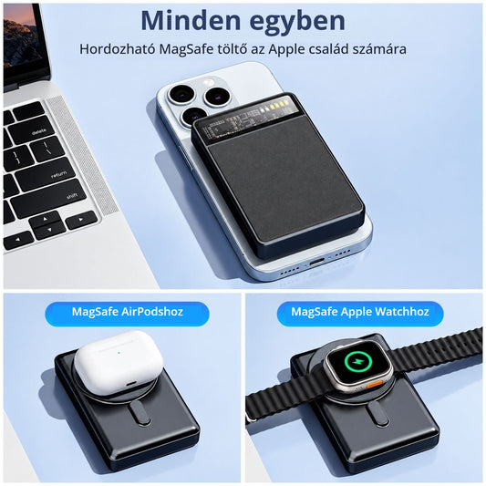 KPON mágneses power bank – MagSafe töltő iPhone-hoz, AirPodshoz és Apple Watchhoz