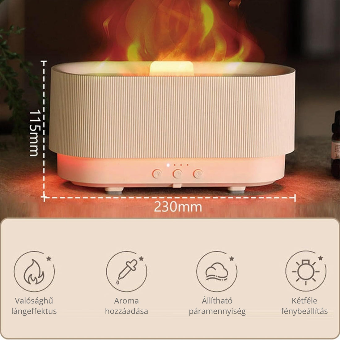 3D lánghatású diffúzor – lángeffektus, aroma, állítható pára, kétféle fény