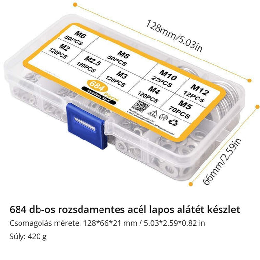 684 db-os rozsdamentes acél lapos alátét készlet – méretek és súly