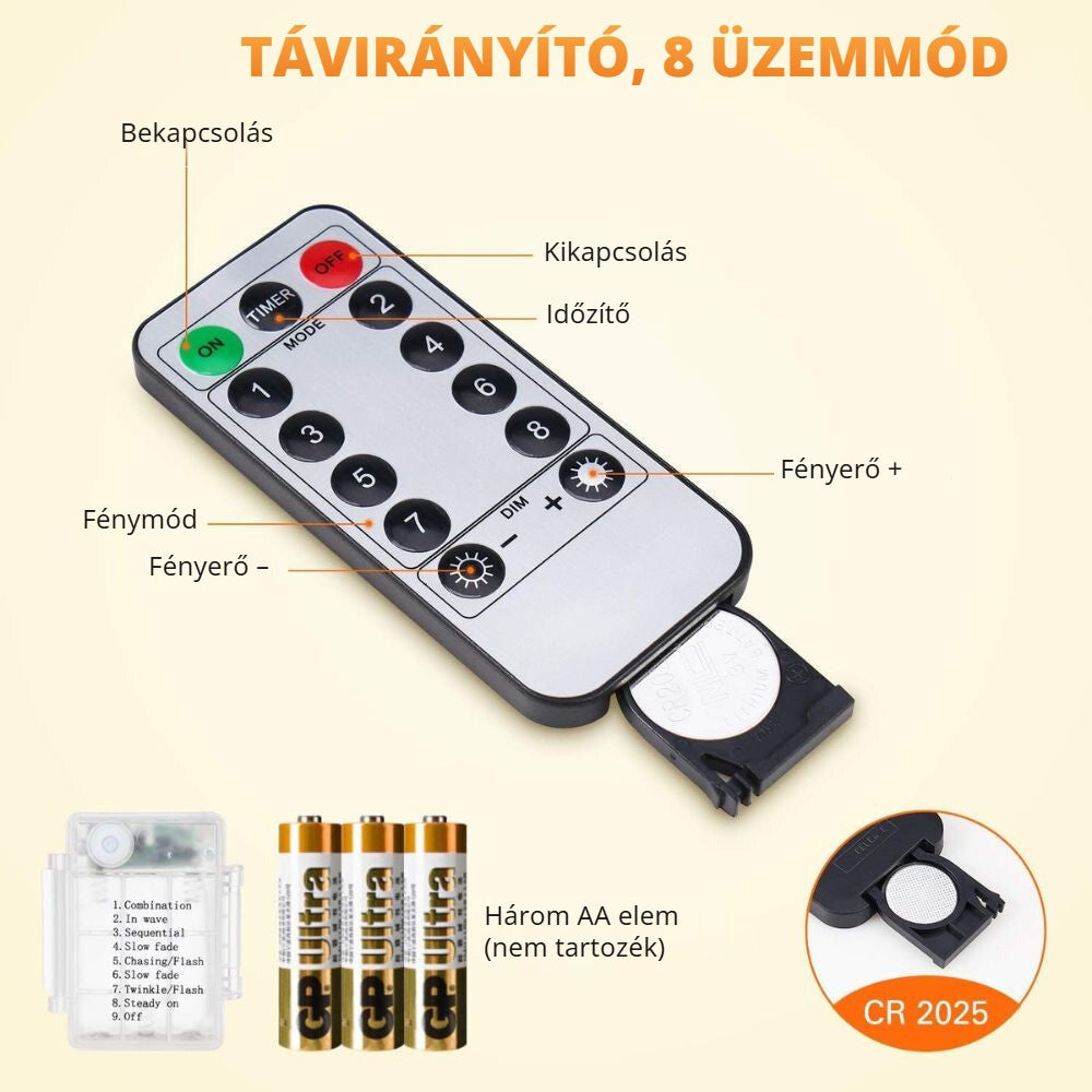 LED fényfüzér távirányítóval – 8 üzemmód, időzítő, fényerő-szabályozás