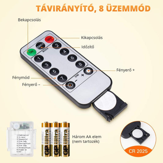 LED fényfüzér távirányítóval – 8 üzemmód, időzítő, fényerő-szabályozás