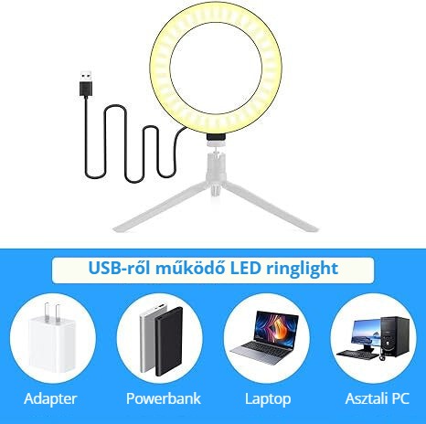 USB-ről működő 22 cm LED ringlight – adapter, powerbank, laptop, PC