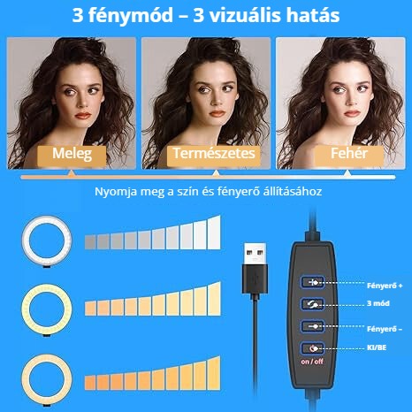 LED ringlight 3 fénymóddal – meleg, természetes, fehér, állítható fényerő