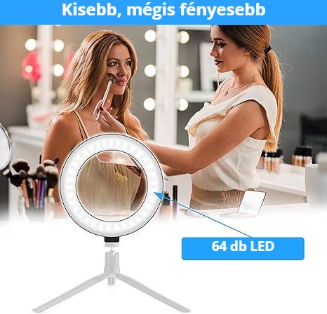 22 cm LED ringlight sminkhez – kisebb, mégis fényesebb, 64 db LED