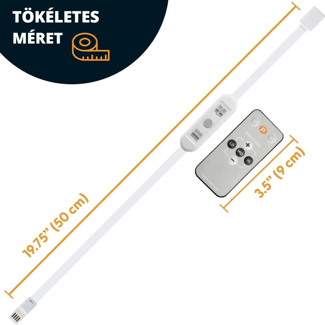 Luminoodle USB LED vezérlő méretei – 50 cm kábel, 9 cm távirányító