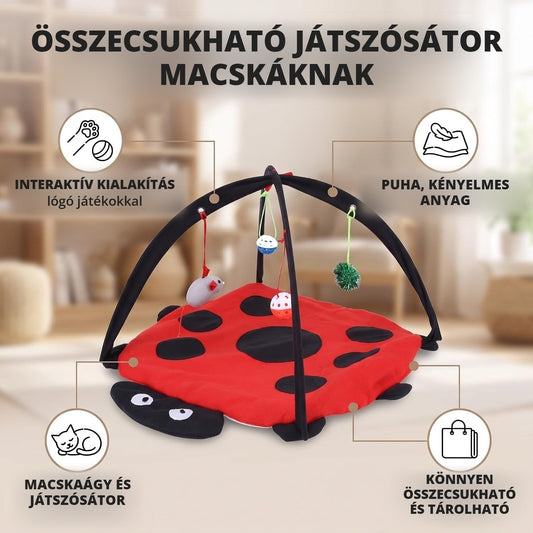 Összecsukható macska játszósátor és kaparó pad lógó játékokkal