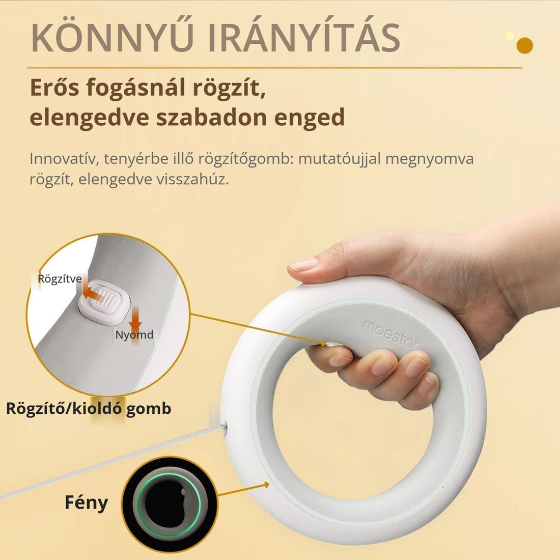 Moestar 2 Plus visszahúzható kutyapóráz rögzítő gombbal és fénnyel