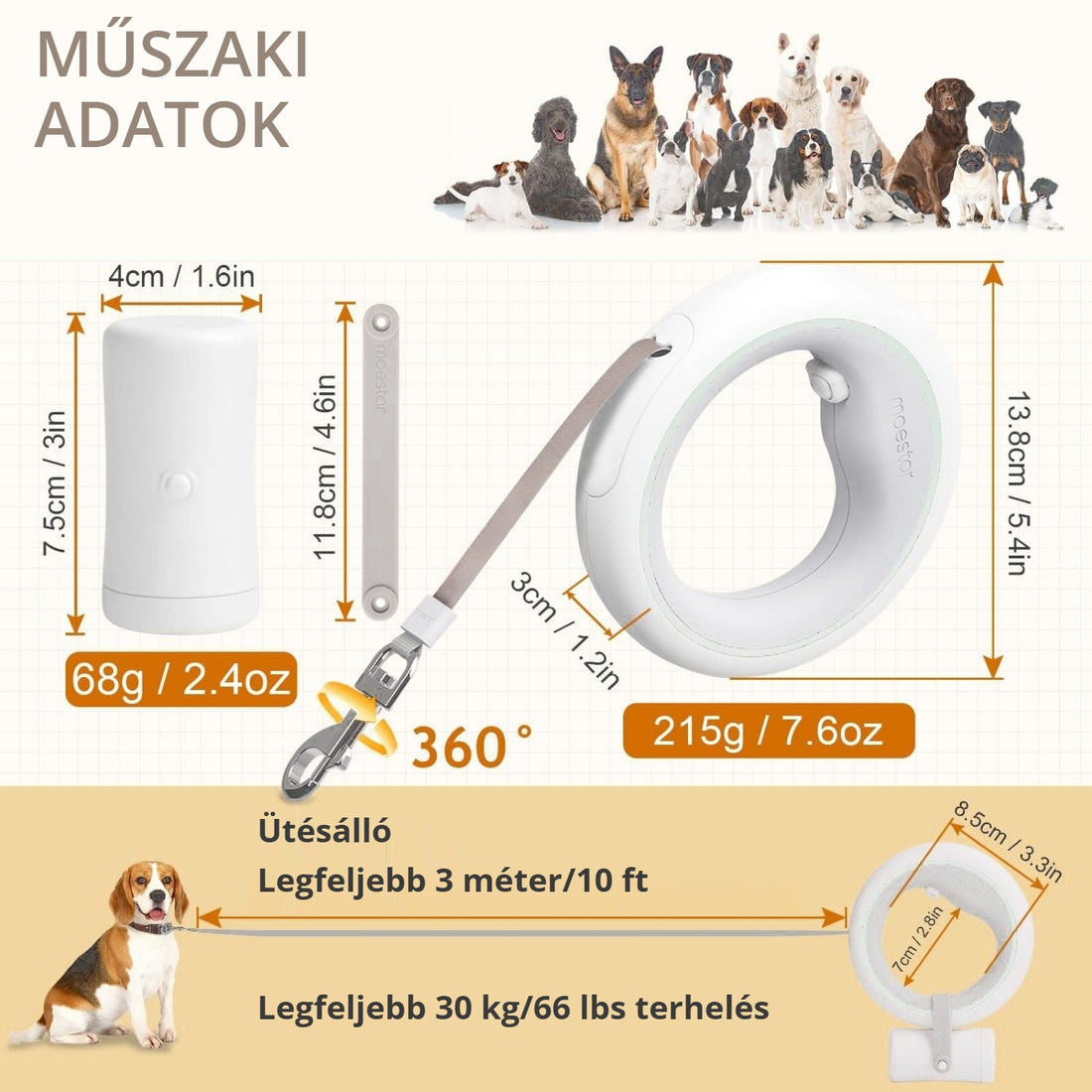 Moestar 2 Plus kutyapóráz műszaki adatai – 3 m, max. 30 kg