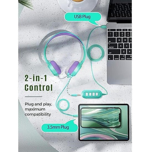 MPOW Gyerek Headset Menta-Lila Színben - Állítható és Kényelmes Fejhallgató