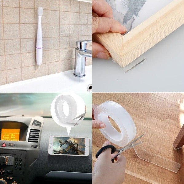 NanoGrip ragasztószalag felhasználása fürdőszobában, autóban, képkeretnél, vágása ollóval