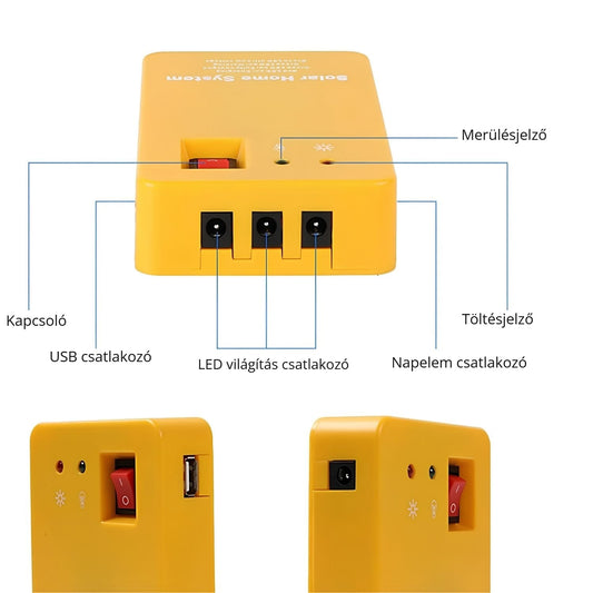 Hordozható napelemes töltő – USB, LED és napelem csatlakozók