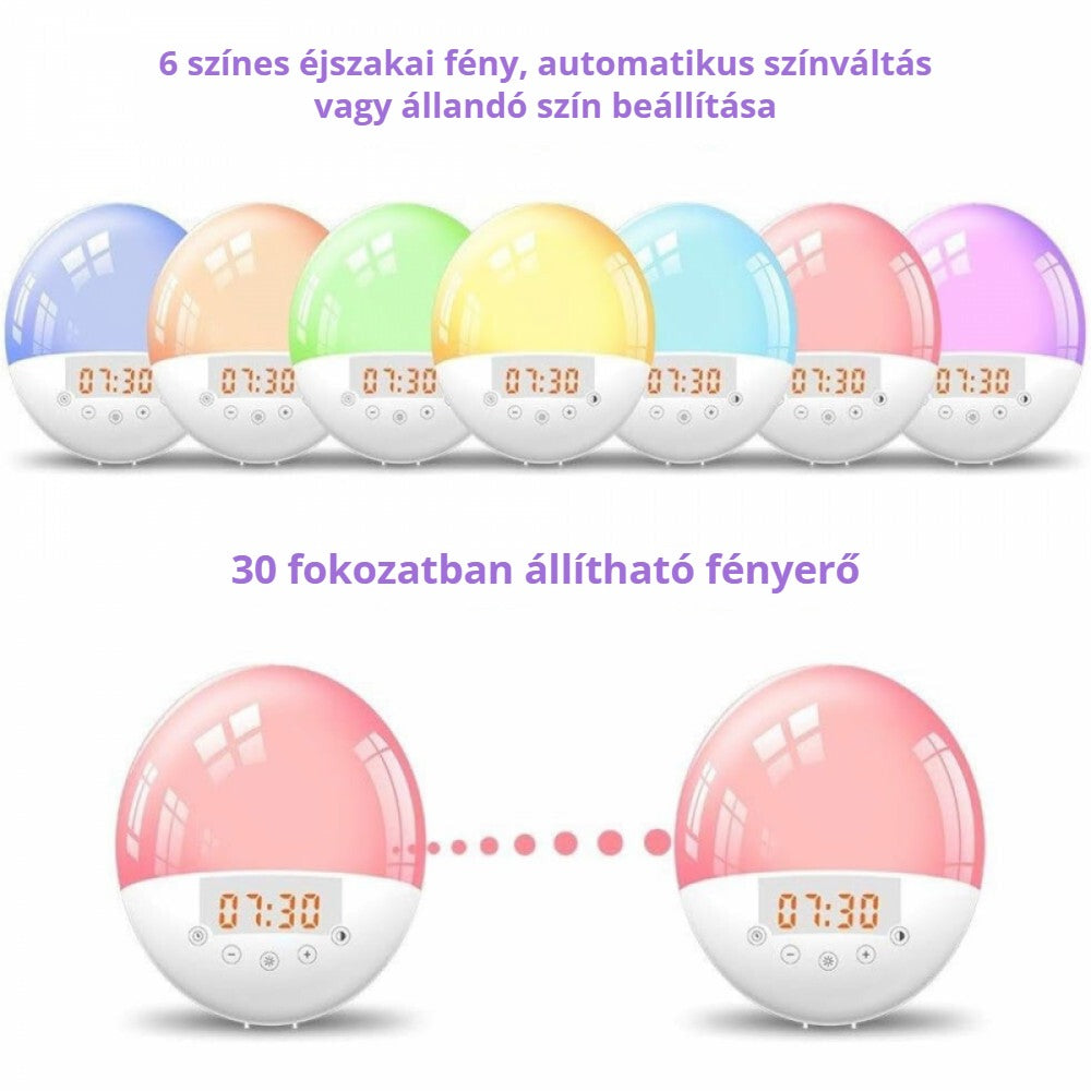 Napfelkelte ébresztőóra 6 színes éjszakai fénnyel, 30 fokozatú fényerővel