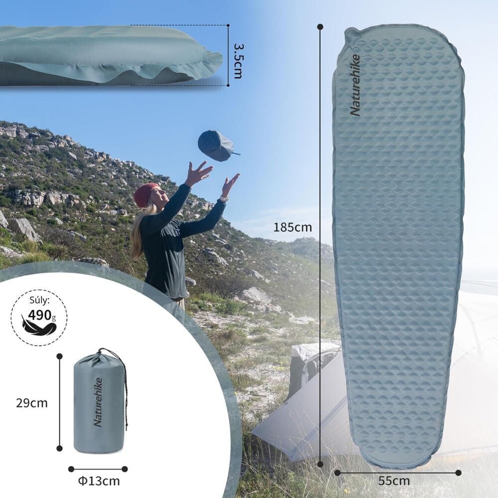 Naturehike Könnyen Felfújható Kempingmatrac – 3,5 cm Vastag, Ultrakönnyű (490 g), Múmia Forma, Szürkéskék