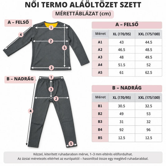 Női termo aláöltözet szett mérettáblázata cm-ben: felső és jégeralsó XL és XXL méretben