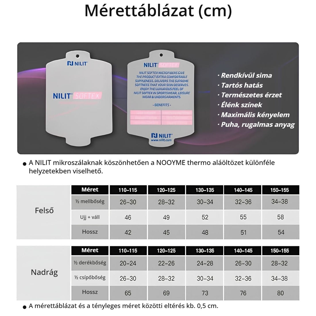 Nooyme gyerek thermo aláöltözet – mérettáblázat