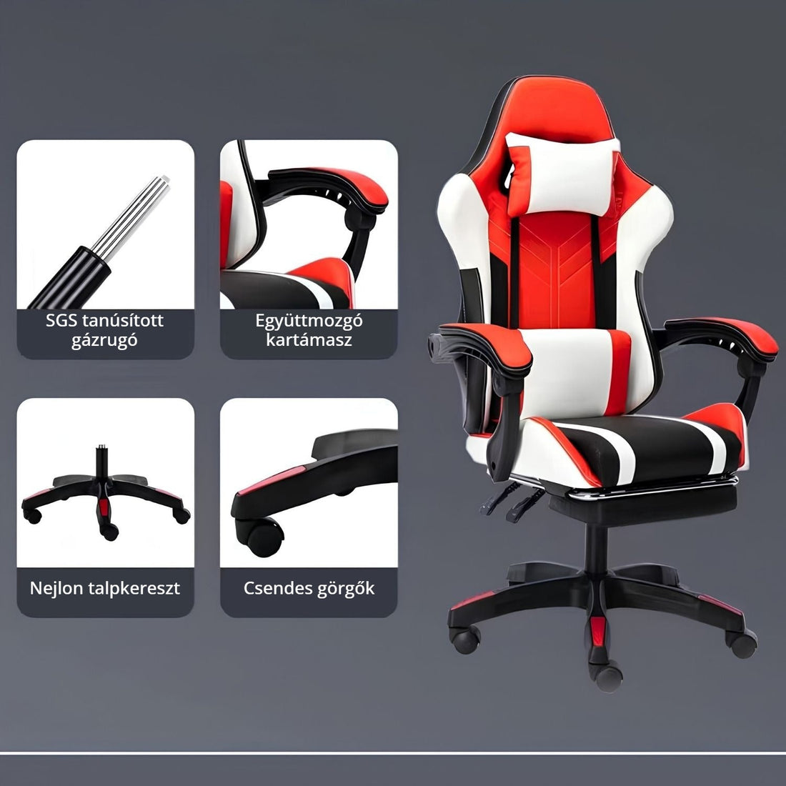 Ofcasa ergonomikus gamer szék gázrugóval, kartámasszal és csendes görgőkkel
