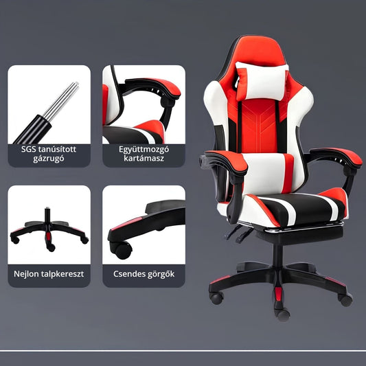 Ofcasa ergonomikus gamer szék gázrugóval, kartámasszal és csendes görgőkkel