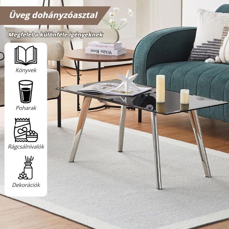 Ofcasa üveg dohányzóasztal – könyvek, poharak, rágcsálnivalók, dekorációk tárolására
