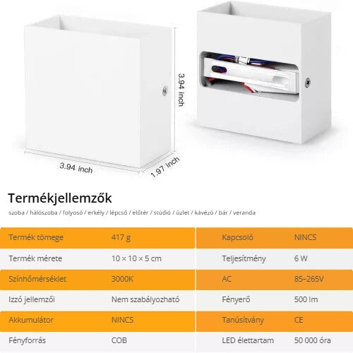 Oowolf LED fali lámpa – termékjellemzők, méretek