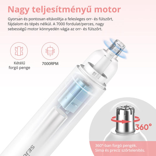 Orrszőrnyíró nagy teljesítményű, 7000 fordulat/perces motorral és 360°-ban forgó pengékkel