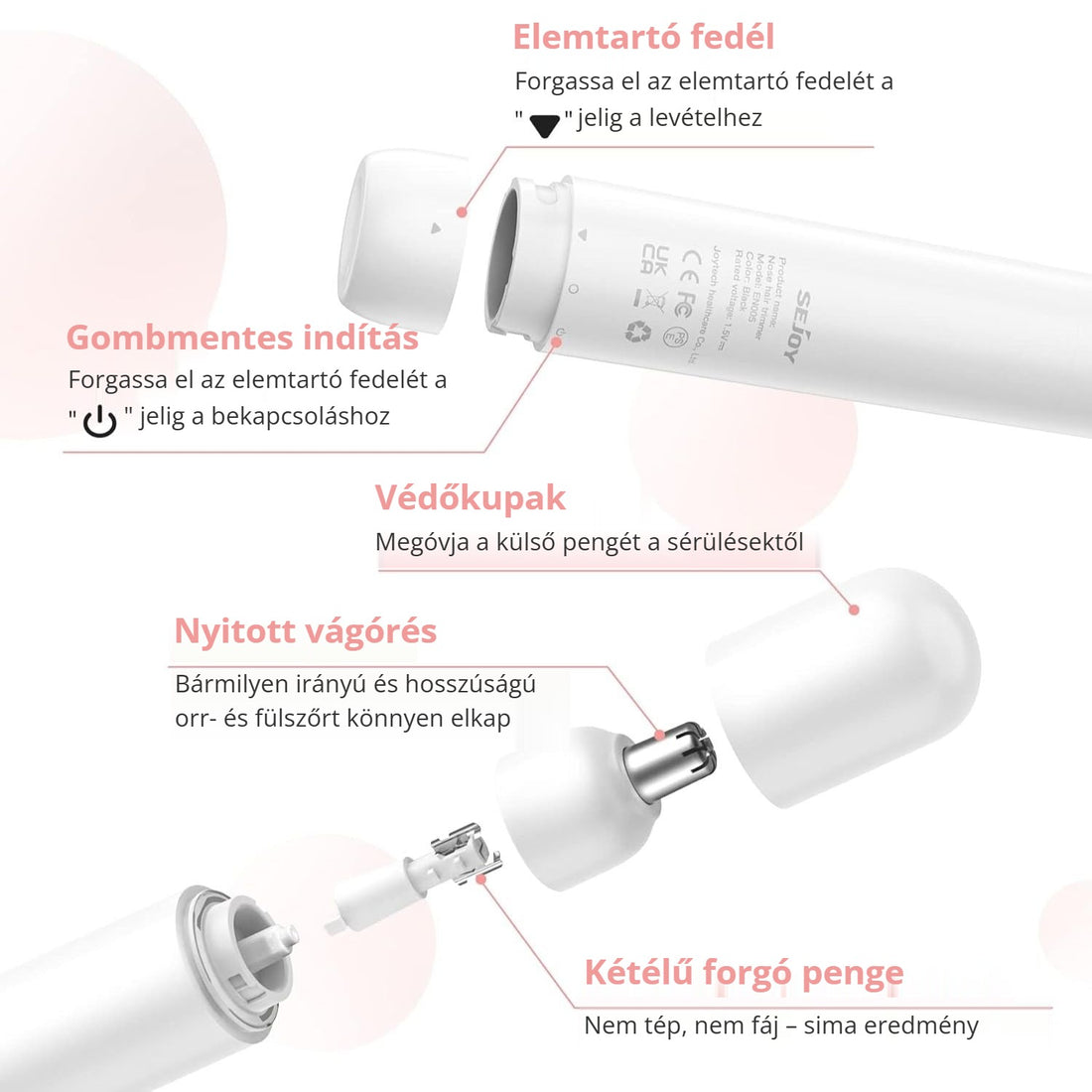 Orrszőrnyíró felépítése – elemtartó fedél, védőkupak, kétélű forgó penge