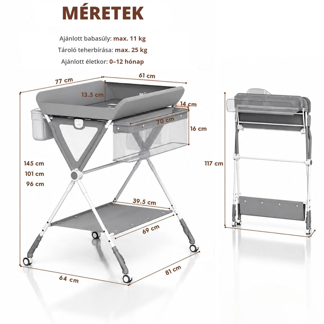 Összecsukható pelenkázó asztal kerekekkel – méretek, max. 11 kg