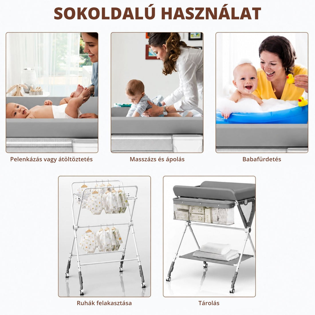 Összecsukható pelenkázó asztal – sokoldalú használat: pelenkázás, fürdetés, tárolás