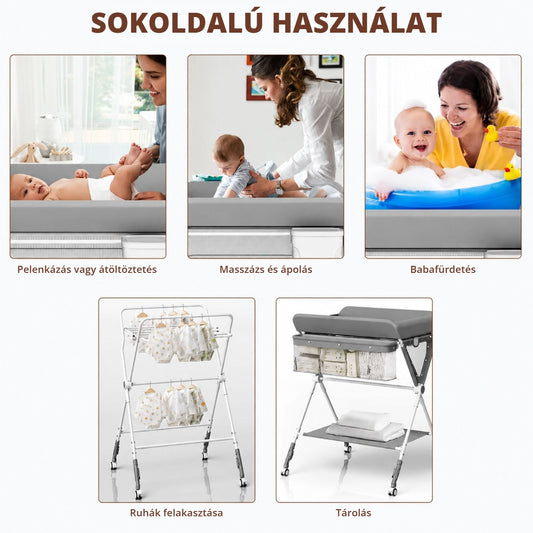 Összecsukható pelenkázó asztal – sokoldalú használat: pelenkázás, fürdetés, tárolás