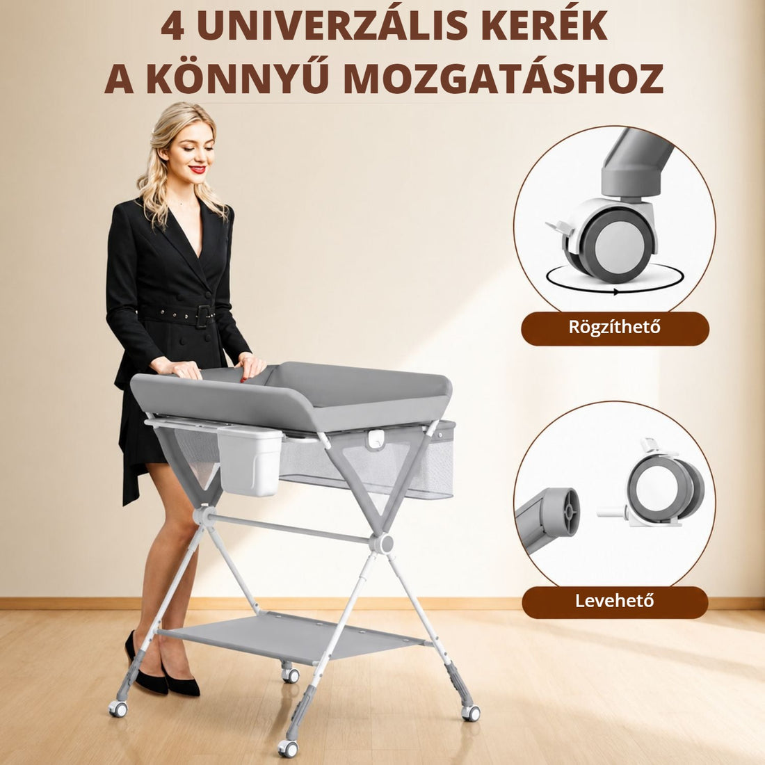Pelenkázó asztal 4 univerzális kerékkel – rögzíthető és levehető kerekek
