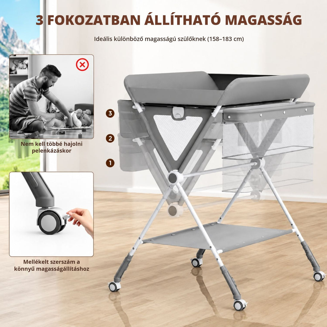 Pelenkázó asztal 3 fokozatban állítható magassággal