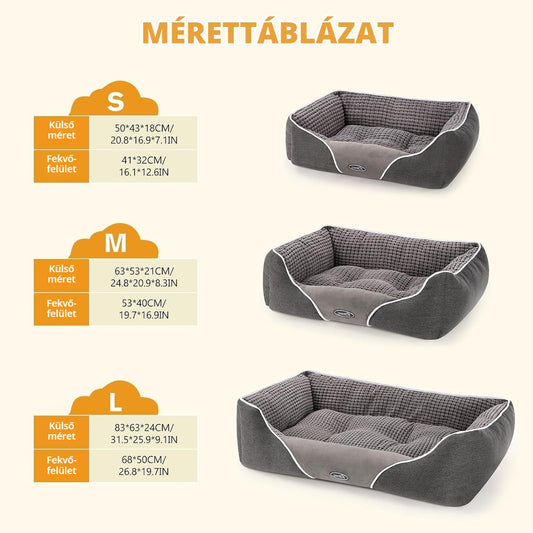 Pecute kutya- és macskaágy mérettáblázat – S, M, L