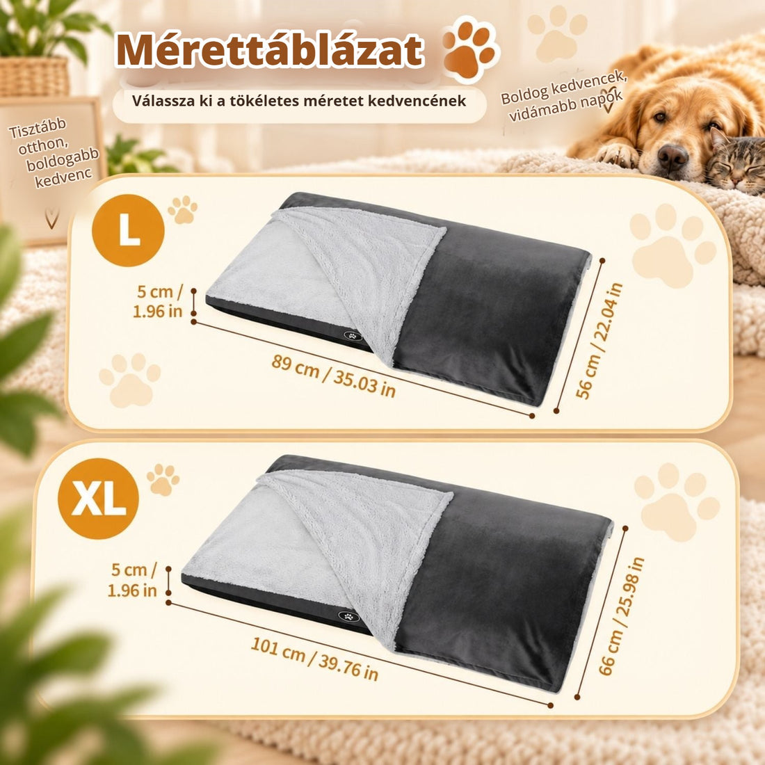 Pecute önmelegedő kisállatágy mérettáblázat – L és XL méret