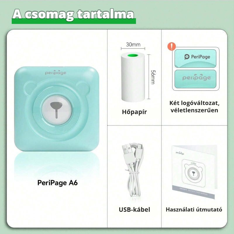 PeriPage A6 mini nyomtató – a csomag tartalma