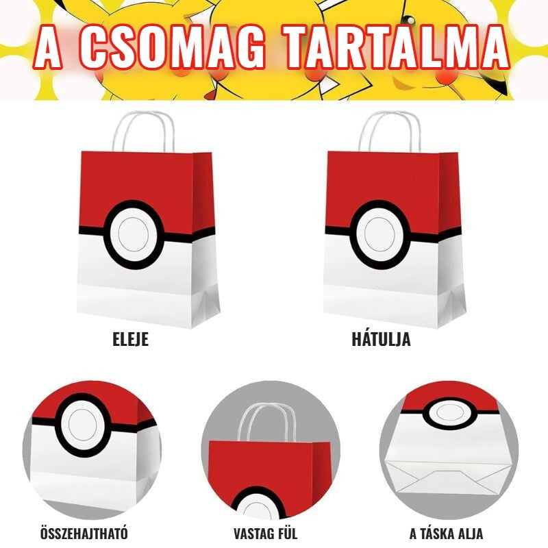 Pokélabda mintás papír ajándéktáska szett – a csomag tartalma